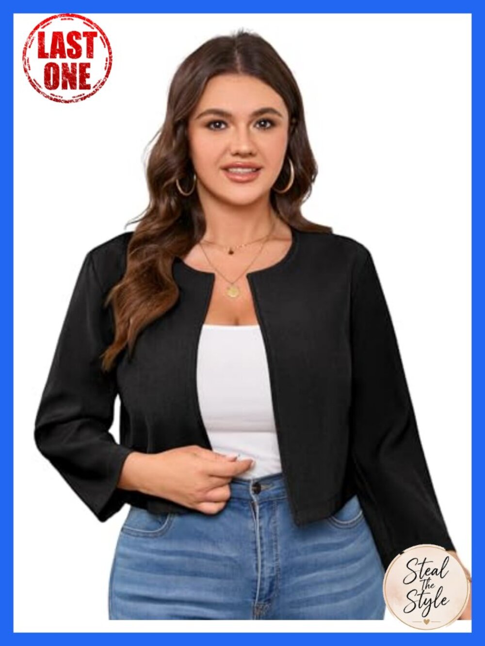 Women's Plus Size Cropped Blazer Suit Jacket Lightweight 3/4 Sleeve Open Front
